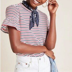 Anthropologie Trudie Red White Blue Striped Top Smocked Ruffled Short Sleeves L